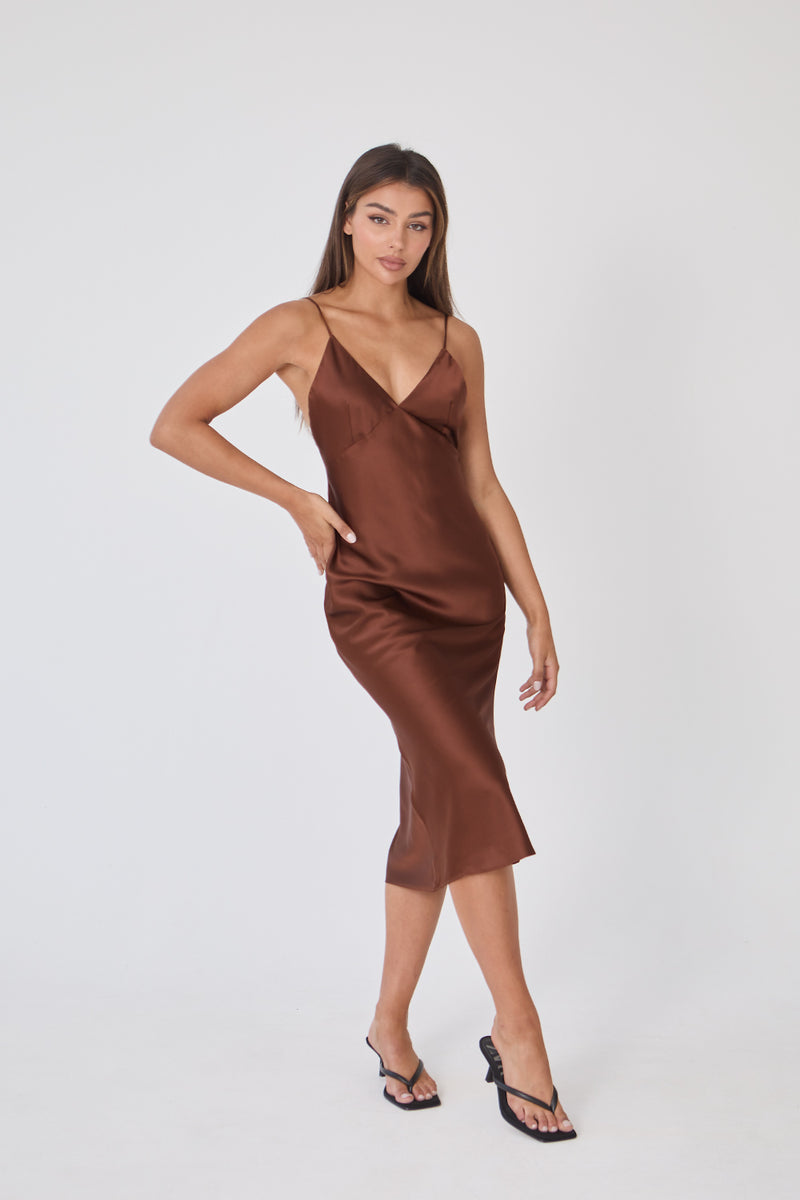 Satin Slip Midi Dress - Chocolate – BOA